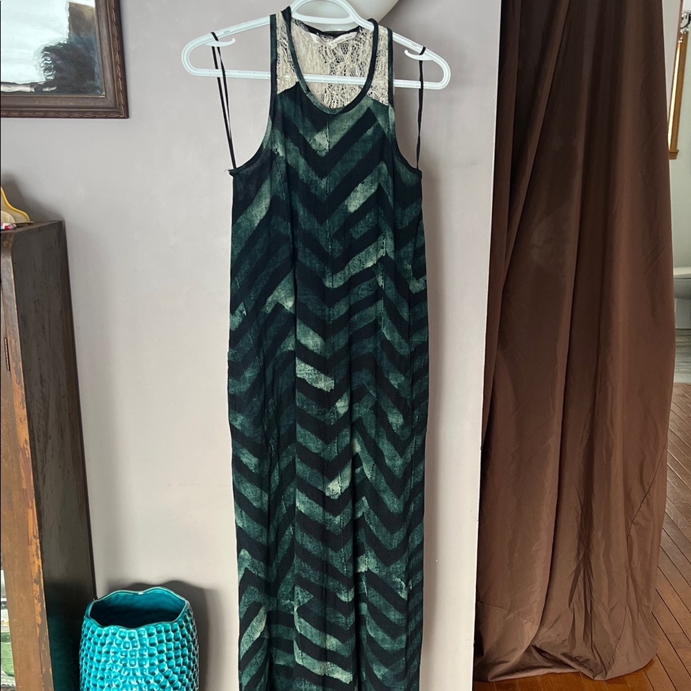 RACHEL Rachel Roy Green and Black Chevron Maxi Dress with Lace Yoke